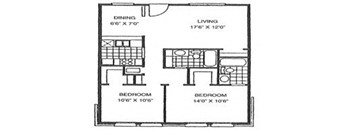 A black and white image of a floor plan for a small apartment.