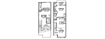 A floor plan of a house with a master bedroom, a living room, a kitchen, a dining room, and a covered patio.