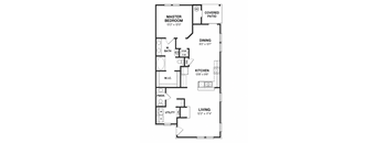 A floor plan of a house with a master bedroom, dining room, living room, kitchen, and bathroom.
