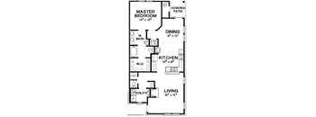 A floor plan of a house with a master bedroom, a dining area, a kitchen, a living room, and a covered patio.