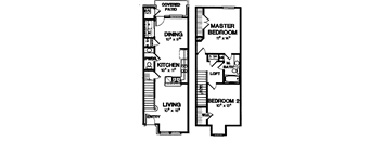 A floor plan of a house with a living room, two bedrooms, a kitchen, a dining room, a master bedroom, a bathroom, a loft, and a covered patio.