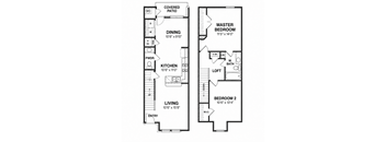 A floor plan of a home with a living room, dining room, kitchen, and two bedrooms.