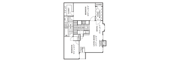A floor plan of a house with a living room, dining room, kitchen, and two bedrooms.