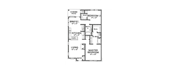 A floor plan of a house with a living area, kitchen, two bathrooms, and two bedrooms.