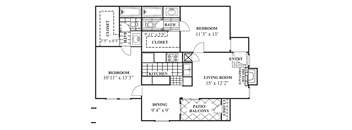 A floor plan of a house with a living room, two bedrooms, a kitchen, a bathroom, a dining area, and a patio/balcony.