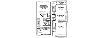 A floor plan of a house with a master bedroom, a dining area, a kitchen, and two bathrooms.