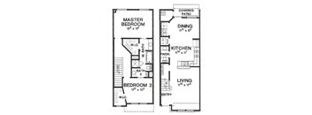 A floor plan of a house with a master bedroom, a dining area, a kitchen, and a living room.