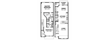 A black and white image of a house floor plan with a master bedroom, a dining area, a kitchen, a living room, and two bathrooms.