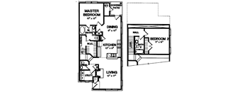 A floor plan of a house with a master bedroom, a dining area, a kitchen, a living room, and two bathrooms.