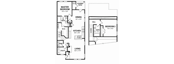 A floor plan of a two bedroom apartment with a living room, kitchen, and bathroom.