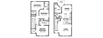 A floor plan of a two-bedroom apartment with a living room, kitchen, and bathrooms.