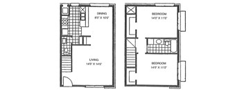 A floor plan shows a living area, dining area, and two bedrooms with their respective dimensions.
