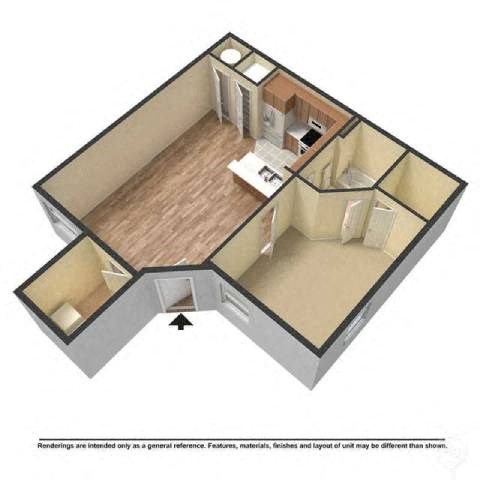 A 3D rendered image of a house layout.