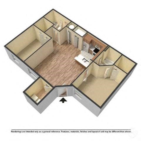 A 3D image of a house layout with a kitchen, living room, and two bedrooms.