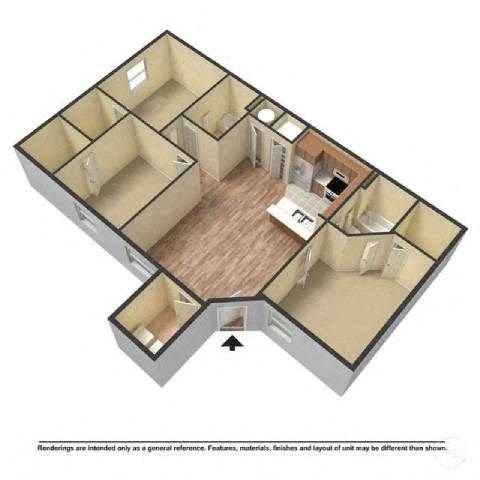 A 3D rendered image of a house layout.