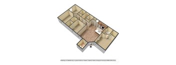 A 3D rendered image of a house layout.