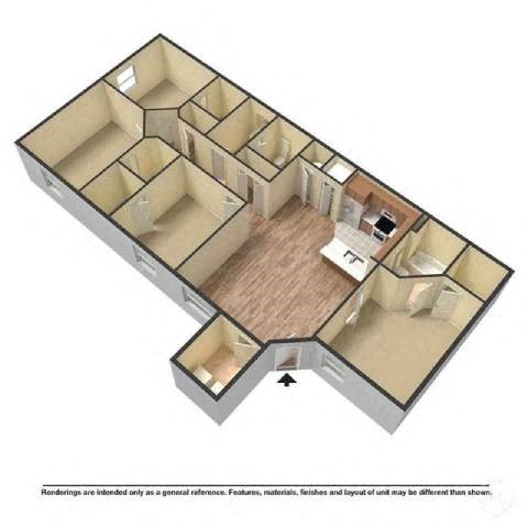 A 3D rendered image of a house layout.