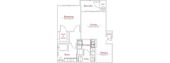 A floor plan of a small apartment with a bedroom, living room, kitchen, dining room, and bathroom.