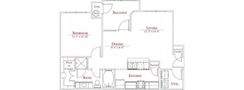 A floor plan of a house with a living room, dining room, kitchen, bathroom, and bedroom.