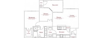 A floor plan of a house with a balcony, two dining areas, two living areas, two bedrooms, a bathroom, a kitchen, a pantry, a walk-in closet, and a utility space.