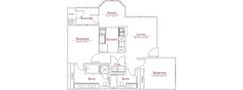A floor plan of a house with a dining room, living room, kitchen, and two bedrooms.