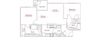 A floor plan of a house with a balcony, two bedrooms, a living room, a dining room, a kitchen, a bathroom, and a walk-in closet.