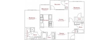 A floor plan of a house with a balcony, two bathrooms, a kitchen, a living room, a dining room, and two bedrooms.