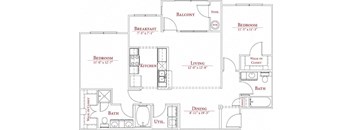 A floor plan of a house with a balcony, two bathrooms, a kitchen, a living room, a dining room, and two bedrooms.