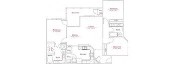 A floor plan of a house with three bedrooms, a living room, a dining room, a kitchen, a bath, a utility room, and a balcony.