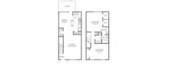A floor plan of a home with a living room, dining room, kitchen, pantry, and three bedrooms.