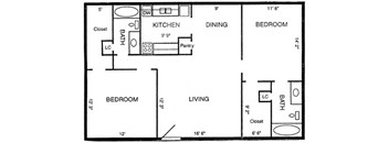 A black and white image of a floor plan for a small apartment.