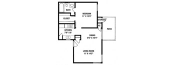 A floor plan of a small apartment with a living room, bedroom, kitchen, and bathroom.