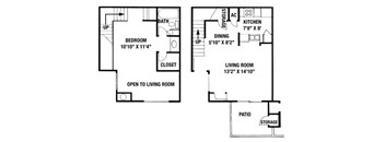 A floor plan of a two bedroom apartment with a living room, kitchen, and bathroom.