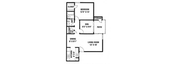 A floor plan of a small apartment with a living room, kitchen, den, and bath.
