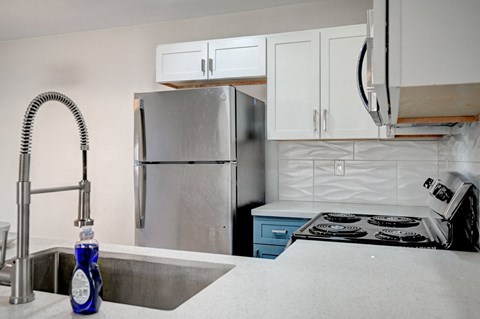 A kitchen with a stainless steel refrigerator, a sink with a blue bottle on it, and a stove with a white top.