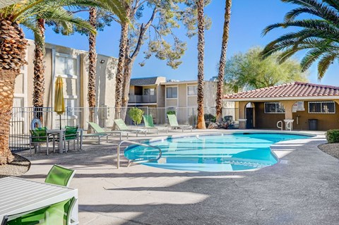 A pool surrounded by palm trees and chairs.