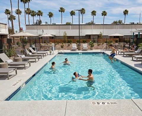 A group of people are enjoying a swim in a pool on a sunny day.
