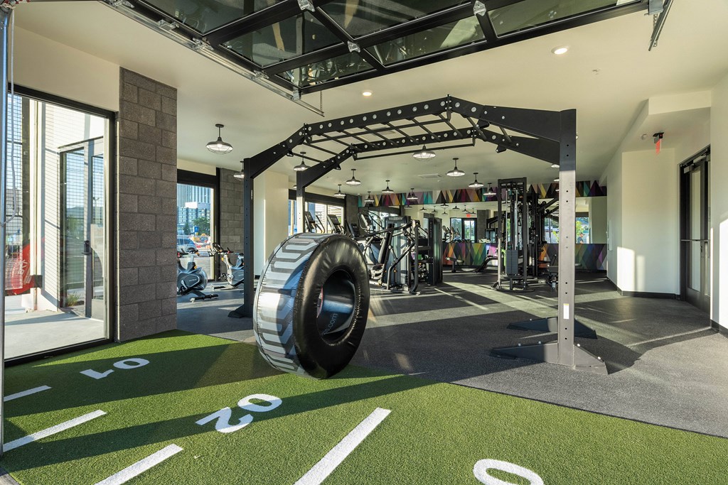 A gym with a green floor and a black tire suspended from the ceiling.