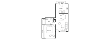 A floor plan of a house with a patio, balcony, kitchen, living/dining area, bath, and bedroom.