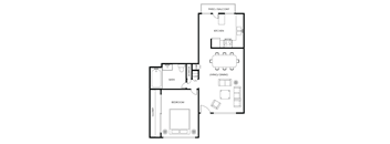A floor plan of an apartment with a kitchen, living room, dining room, and bathroom.