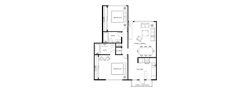 A floor plan of a house with two bedrooms, a living room, a kitchen, two bathrooms, and a patio.