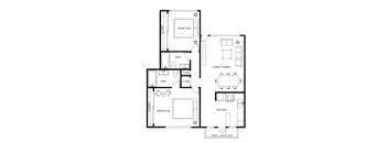 A floor plan of a house with two bedrooms, a living/dining area, a kitchen, and a pantry/balcony.