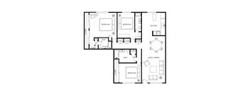 A floor plan of a house with two bedrooms, a bathroom, a kitchen, a living/dining area, and a closet.
