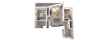 A 3D rendered image of a modern apartment layout.