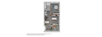 A floor plan of a small apartment with a kitchen, living room, and bathroom.