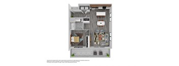 A floor plan of a house with a kitchen, living room, and bathrooms.