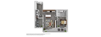 A floor plan of a house with a kitchen, living room, and bathroom.