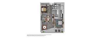 A 3D floor plan of a small apartment with a kitchen, living room, and bedroom.