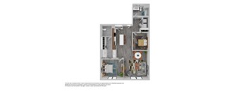A floor plan of a small apartment with a kitchen, living room, and bathroom.