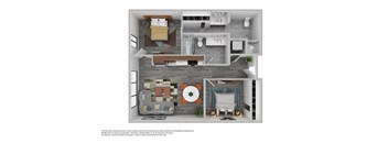 A 3D floor plan of a small apartment with a kitchen, living room, and bathroom.